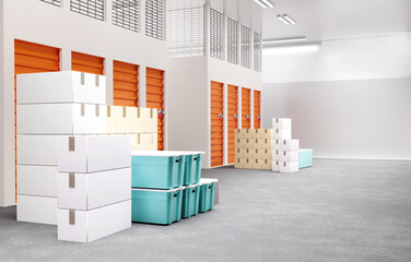 rental storage room. Boxes at entrance to storage room. Warehouse premises. Warehouse for safekeeping. Empty room with various boxes. Closed doors in storage units. Warehouse container. 3d image.