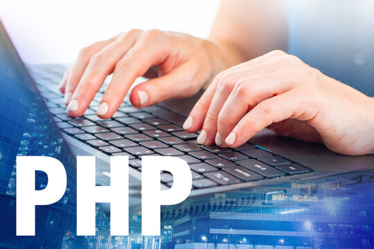 PHP is programming language. Hands on keyboard. Writing programs with PHP. Software development. PHP logo on blue. Personal Home Page. Hypertext Preprocessor development environment.