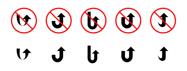 U turn and no u turn arrow highway road sign for passenger and vehicles. Vector sign direction design. No return. Stop turning. Forbidden turn. Useable in construction site. Vector icon. © Mabsoot