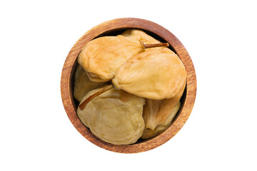 dried fruit, pears whole in wooden bowl isolated on white background. Vegan food, top view.