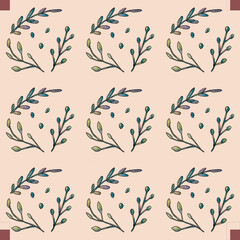 A seamless pattern with twigs and leaves on a beige background. Can be used for posters, banners, fabrics, covers, wallpapers, postcards, packaging paper, textiles.