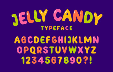 Jelly candy font. Multicolored vector uppercase alphabet and numbers isolated on dark background - 482283021