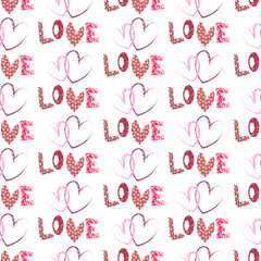 Pattern with letters Love and hearts. For valentines day, birthdays, gifts. Vector illustration isolated on white background. For use in covers, prints, textiles, packaging, baby products and