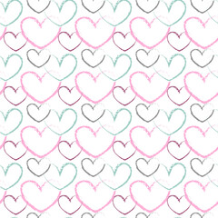 Pattern with multicolored hearts in outline style. For valentines day, birthday and holidays, gifts. Vector illustration isolated on white background. For use in covers, prints, textiles, packaging