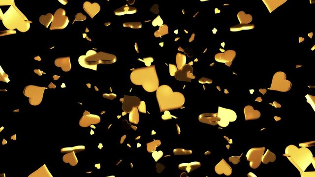 A 3D explosion of golden hearts on alpha channel background. 