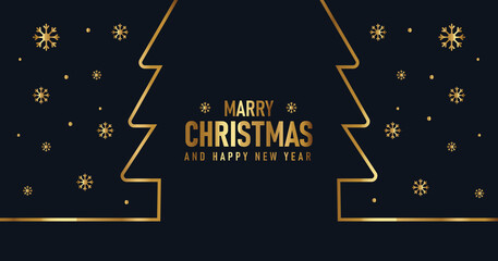 Christmas banner with golden snow and tree elegant lineart style. Happy new year greeting template vector illustration