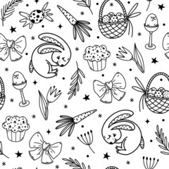 Easter seamless vector pattern. Hand drawn illustration isolated on white background. Seasonal symbols - cute rabbit, egg, cake, carrot, spring flowers. Cartoon concept, simple monochrome doodle