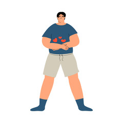 Young body positive man hugging himself. The guy is in love. Self love concept. Vector illustration hand drawn