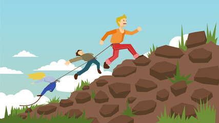 Boy runs up the hill at high speed. Drag a friend up the hill by tying them together. Lead a friend to a compulsory purpose. The soil and rocks on the mountain under the blue sky.