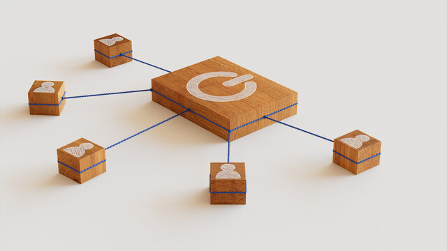 Activate Technology Concept with power Symbol on a Wooden Block. User Network Connections are Represented with Blue string. White background. 3D Render.