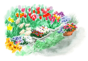 アナログ水彩春の花壇スケッチ