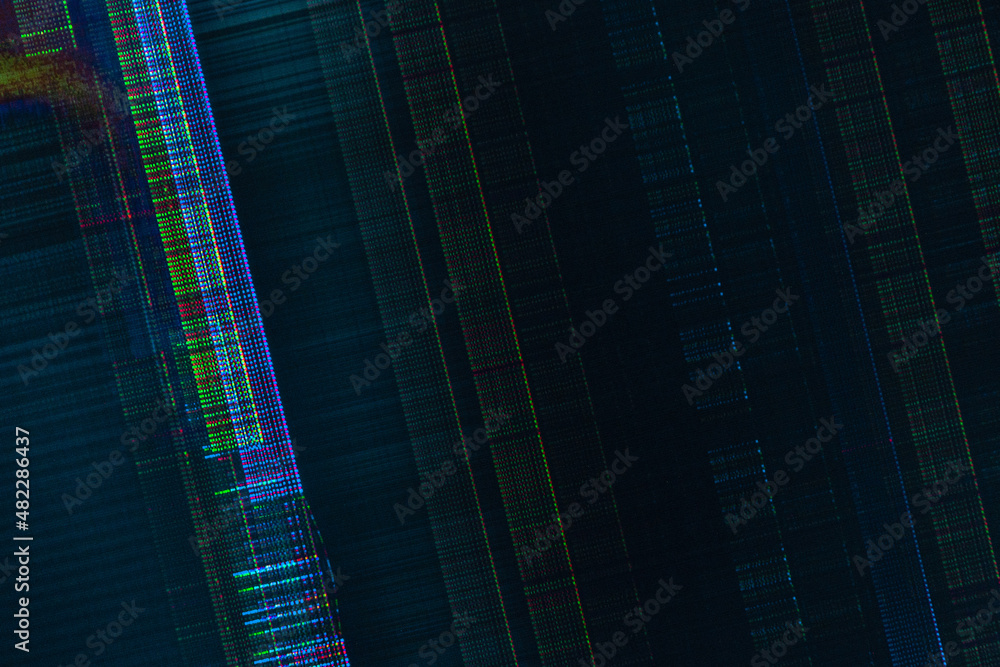 Poster dark abstract digital background: damaged screen matrix with interference of monitor and camera matr