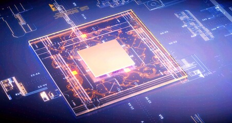 3D rendering of cyberpunk AI. Circuit board. Technology background. Central Computer Processors CPU and GPU concept. Motherboard digital chip. Tech science background.