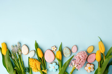 Easter floral background, various gingerbread glazed cookies end decorated with natural botanical...