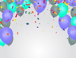 Happy Birthday balloons purple and green celebration background with confetti.