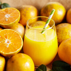 Obraz na płótnie Canvas Fresh made orange juice from organic oranges in a glass