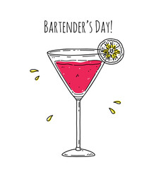 Cosmopolitan cocktail with lemon slice isolated on white background. Vector hand-drawn illustration. Bartender's Day card. Perfect for holiday designs, menu, decorations.
