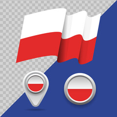 Set of national Poland flag. 3D Poland flag, map markers and emblem on transparent background vector illustration.