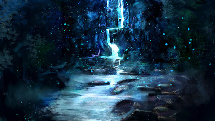night magic hidden waterfall flows in the mountains and flows into a lake with rocks.trees and shrubs with flowers grow next to it, magical blue butterflies fly in the air.sparks hover over him.2d art © Николай Акатов