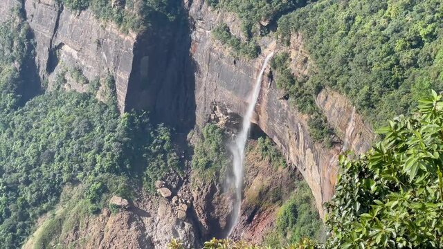 Nohkalikai Falls, Plunge Waterfall At The Edge Of Cherrapunji Plateau On  A Sunny Summer Day In Meghalaya, India. - high angle