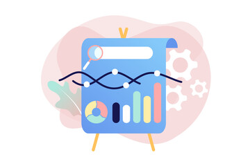 Flat vector illustration of marketing research, data analysis, marketing strategy, business analysis, market statistics analysis, business research, SEO. Infographic design for web template and app.