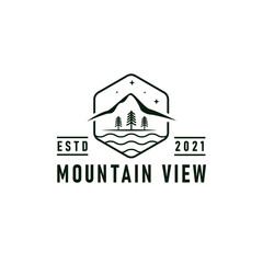 Mountain view logo emblem vector illustration with river, forest, and mountains silhouettes design