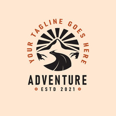 Adventure logo emblem vector illustration with river and mountains silhouettes vintage design