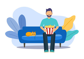 Man sitting on sofa eating popcorn while watching movie in flat design on white background.