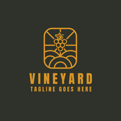Vineyard Logo of Organic Natural Winery or Wineyard, Quality Label or Badge for a Production Package or Bottle, Minimalistic Outline Concept with land grape and light