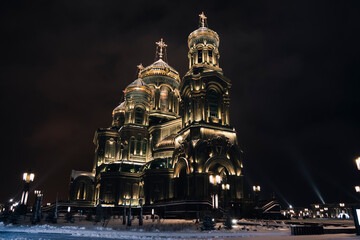Beautiful Orthodox church in winter. main temple of the Russian Armed Forces in Patriot Park