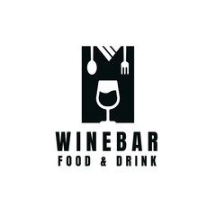 Wine bar food and drink logo with silhouette symbol, logo for bar and restaurant vector illustration