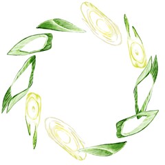 手描き水彩の斜め切りネギイラスト正方形フレーム・円