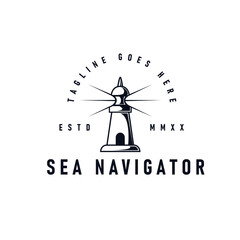 Sea navigator logo with Lighthouse illustration. Beacon logo icon vector Illustration.