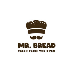Mr. Bread logo design with a chef hat and mustache illustration. bold logo template for bakery shop