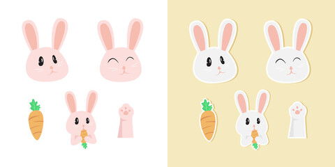 set of hand-drawn bunnies with sticker version, decorative elements. colorful vector for kids. hand drawing. baby design for fabric, decoration, wrapper, print, textile