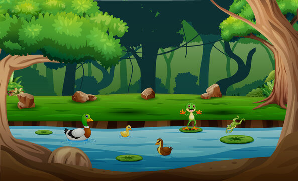 Cartoon illustration duckling and frogs playing in a river