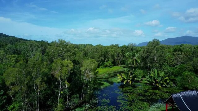 Aerial shot backwards exposing posing rainforest and lakes