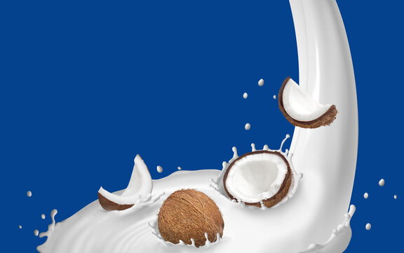 Splash de leite com a fruta coco em cima em fundo azul.
