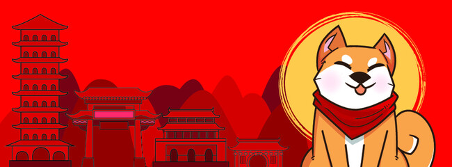 Chinese New Year, Vector Design ,Cute boy and Shiba Inu Concept design on Red background with copy space for text.