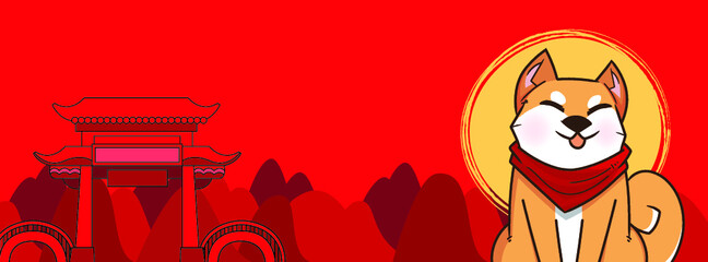 Chinese New Year, Vector Design ,Cute boy and Shiba Inu Concept design on Red background with copy space for text.