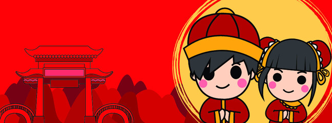 Chinese New Year, Vector Design ,Cute boy and girl Concept design on Green background with copy space for text.