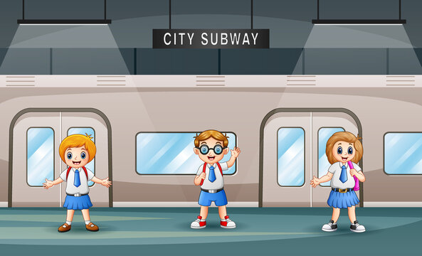 Cartoon of school children in a train station