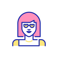 Line art avatar icon. Cute girl with glasses and pink bob haircut. Pixel perfect, editable stroke