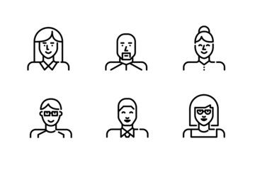 Fototapeta premium Line art simple user profile icons set. Girls, boys and professional workers. Pixel perfect, editable stroke