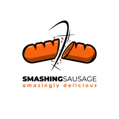 The red and orange sausage logo, which is split open, is suitable for street food, junk food, or the sausage-loving community
