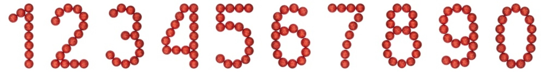 Set of arabic numbers from red christmas balls, isolated on white background