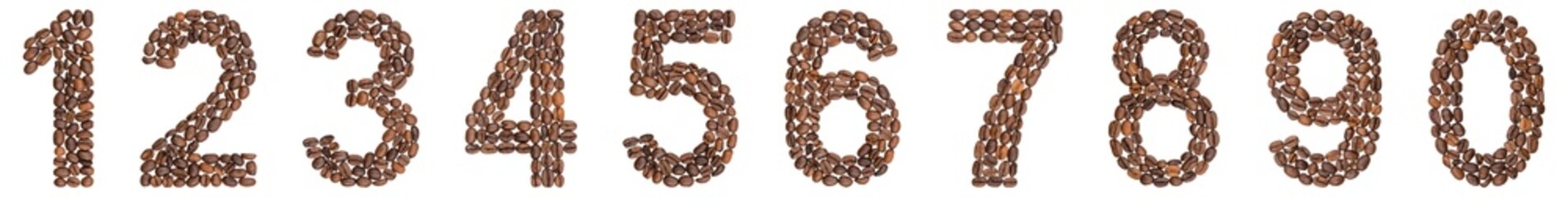 Set of arabic numbers from natural roasted coffee beans, isolated on white background