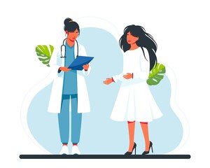 Doctor visiting a patient. doctor reads the medical history to the patient. woman talking with man doctor. Patient having consultation with doctor therapist in hospital. flat vector illustration.