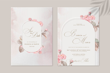 Geometric Wedding Invitation Template with Pink Flower