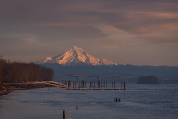 Mt Hood, Oregon, glowing at sunset over the Columbia River from Vancouver Washington